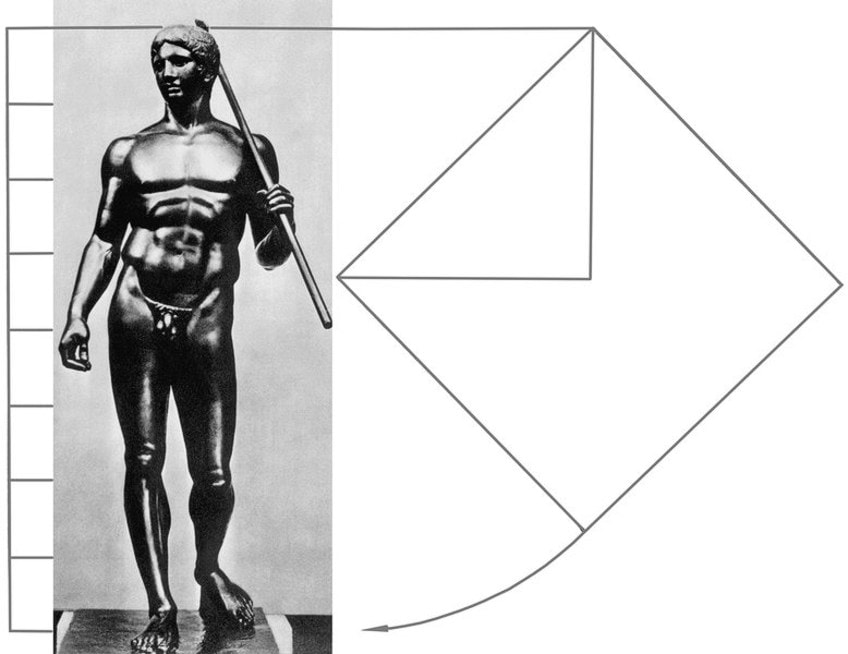 Un diagrama proporcional que muestra la "figura cuadrada" de Doríforo, reconstrucción por V.G. Vlasov, 1989