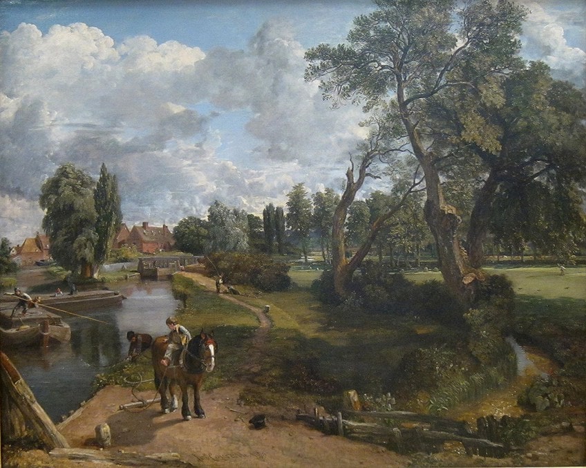 Pintura de John Constable que muestra un río navegable con un molino en el fondo.
