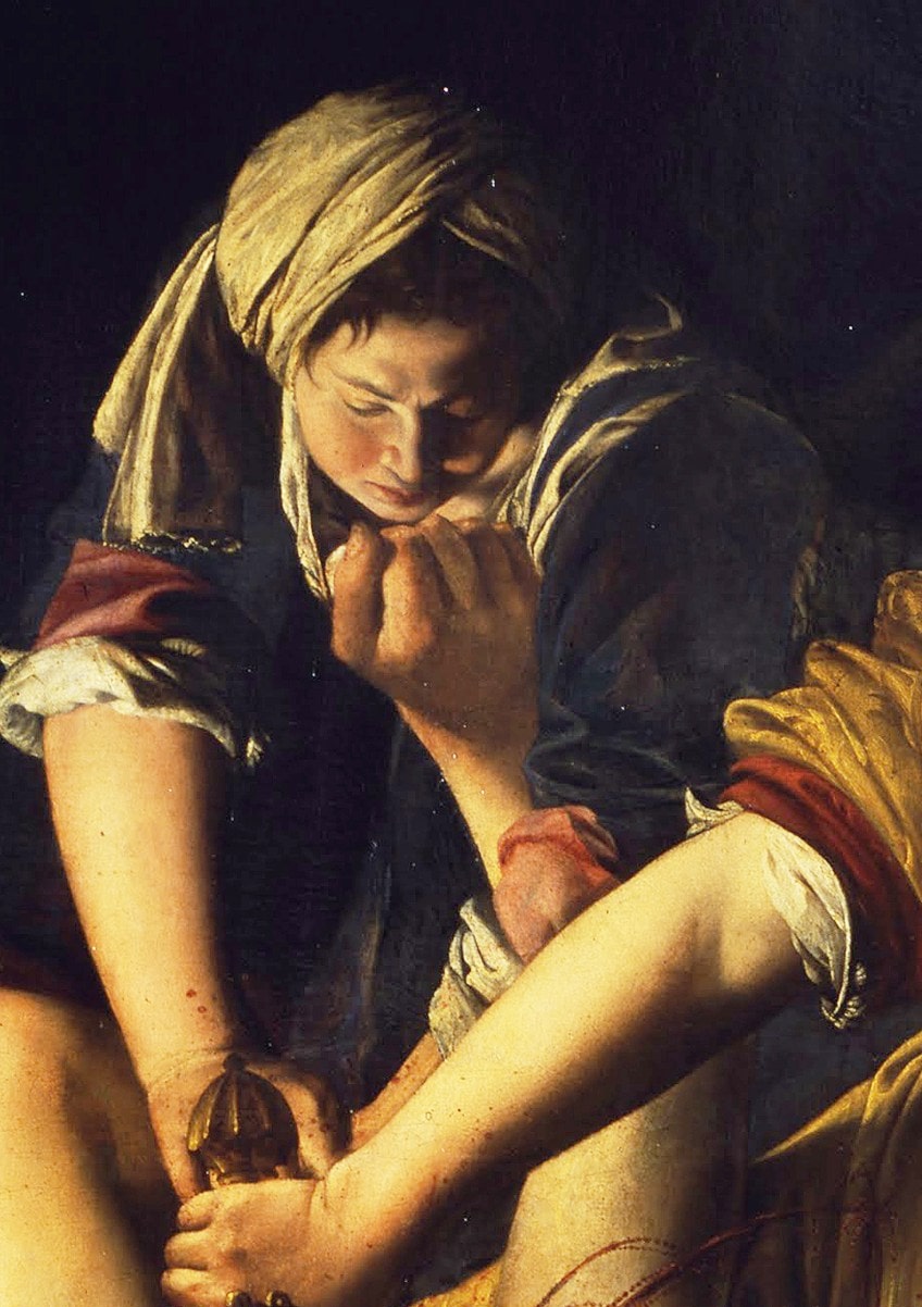 Un primer plano de Abra, la esclava de Judith en Judith Decapitando a Holofernes (c. 1620) de Artemisia Gentileschi