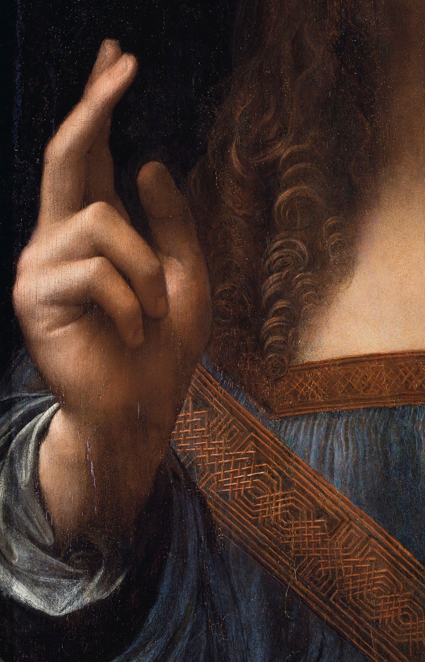 Salvator Mundi Detalle de la mano derecha, el cabello y el vestido