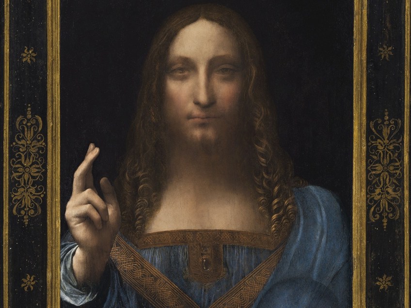Pintura enmarcada después de su restauración. Salvador del Mundo Leonardo Da Vinci