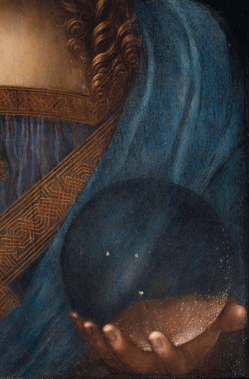 Detalles de la mano izquierda y el orbe transparente en Salvator Mundi (c. 1500) por Leonardo da Vinci