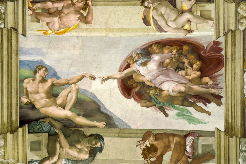 La creación de Adán por Miguel Ángel – Dios tocando el fresco de Adán
