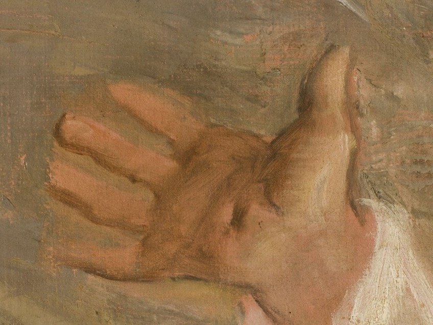 Detalle de las marcas que se asemeja a los estigmas en la mano de la figura central en El tres de mayo de 1808 (1814) de Francisco de Goya