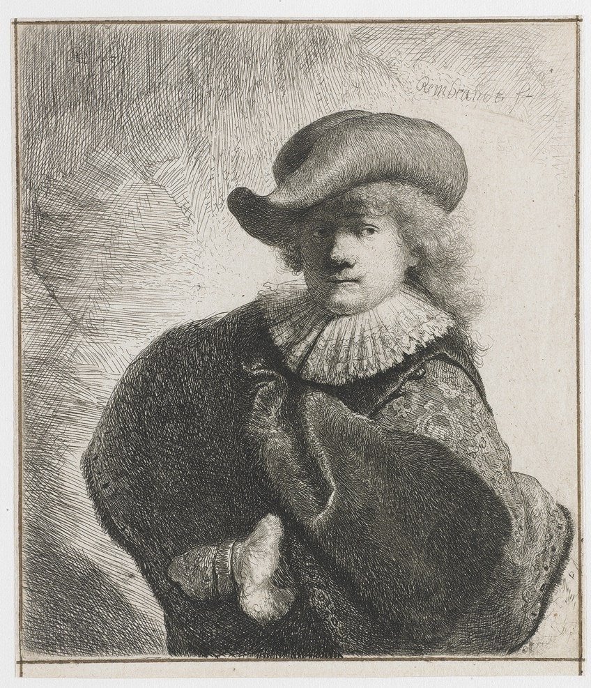 Grabado de autorretrato de Rembrandt